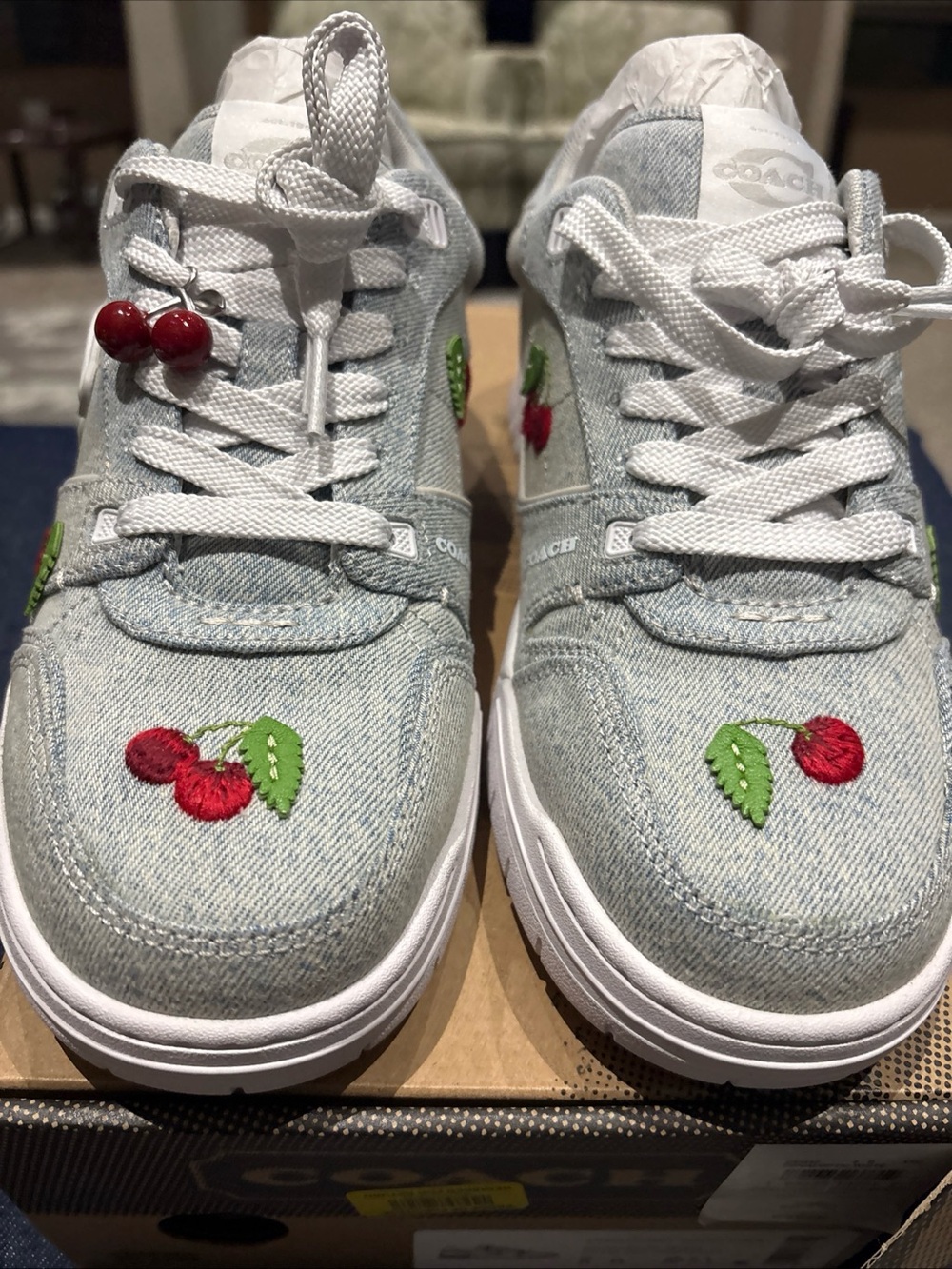 COACH Women's Soho Cherry Charm Ornament Detail Sneakers Denim/Optic White-8 - Picture 2 of 16